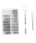 Must Have Mini Screw Kit Set Stainless Steel Miniature Screws With Screwdriver And Tweezers For Glasses Watches Cameras And More Rust Resistant Long Lasting Repair Kit with open box, screwdriver keychain, and tweezers.