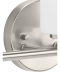 Detail of brushed nickel finish on Four Light Etched White Glass Modern Bathroom Vanity Light Replay Collection For Coastal Contemporary Baths