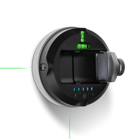 MCube02 Laser Level Tool with vertical and horizontal green line lasers, 360 degree rotating base, wall mounted, 55,000 Pa suction.