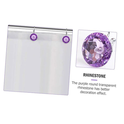 Purple Stainless Steel Shower Curtain Rings Set With Rust Resistant Double Hooks, rhinestone detail, bathroom display.