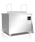 Heavy Duty Industrial Ultrasonic Parts Cleaner With Adjustable Heat And Power For Automotive Injectors Carburetors And Engine Parts, stainless steel tank with wheels.
