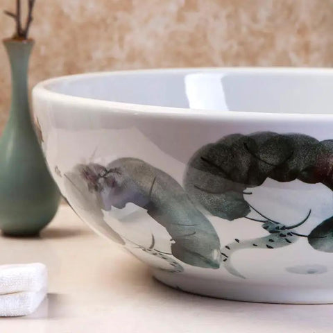 USZWBY Vessel Sinks Art Countertop Basin Round Retro Washbasin Bathroom Ceramic Washbasin with floral design.
