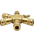 Three Eighth Inch Brass Flat Hex Pneumatic Manifold With Five Quarter Inch Brass Industrial Couplers Preassembled Ready To Use Heavy Duty Kit With Steel Plug