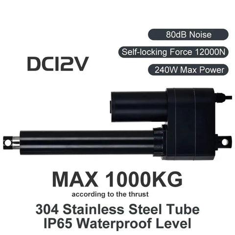 Heavy Duty Electric Linear Actuator Dc 12V Push Pull Motor With Gutsy Waterproof Build And Silky Smooth Gliding Motion For Garage Doors and Custom Shop Project Builds, featuring stainless steel tube.