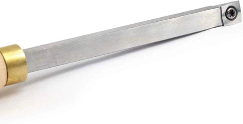 Badass Three Piece Tungsten Carbide Cutter Insert Set For Heavy Duty Wood Lathe Turning Tools Includes Hella Sharp Square Round And Diamond Tips Built Like A Workhorse Supplied With Mounting Screws For Quick Install - angled view of cutter insert with brass and steel materials.