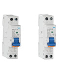 Heavy Duty 40 Amp Curve B Rcbo Circuit Breaker Featuring Single Pole Plus Neutral Ac Leakage Protection For No Fuss Din Rail Snap In Install Dual Short Circuit Overload Guard, side view of two units.