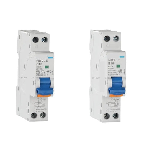 Heavy Duty 40 Amp Curve B Rcbo Circuit Breaker Featuring Single Pole Plus Neutral Ac Leakage Protection For No Fuss Din Rail Snap In Install Dual Short Circuit Overload Guard, side view of two units.