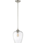 One Light Brushed Nickel Mini Pendant With Clear Seeded Glass Shade Sloped Ceiling Compatible Hanging Light Damp Location Rated