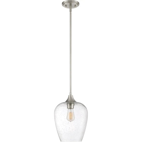 One Light Brushed Nickel Mini Pendant With Clear Seeded Glass Shade Sloped Ceiling Compatible Hanging Light Damp Location Rated