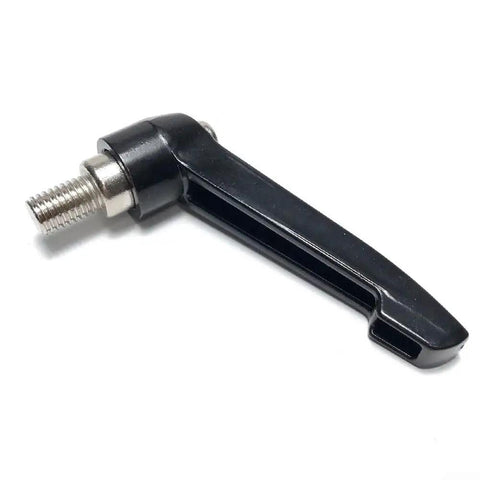 Solid Gauge Steel Seatpost Clamping Lever Handle With Quick Release Knurled Twist Lock Grip And Adjustable Threaded Stud Bolt For Indoor Cycling Exercise Rig Hardware Upgrade, side view of black lever with threaded bolt.
