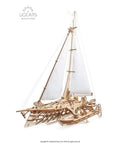 Three Dimensional Wooden Puzzle Kit for a Mechanical Trimaran Merihobus Sailboat with Realistic Rigging Winches and Hull Details Ideal for DIY Enthusiasts Gearheads and Hobbyists, wooden trimaran model