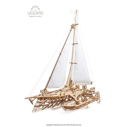 Three Dimensional Wooden Puzzle Kit for a Mechanical Trimaran Merihobus Sailboat with Realistic Rigging Winches and Hull Details Ideal for DIY Enthusiasts Gearheads and Hobbyists, wooden trimaran model