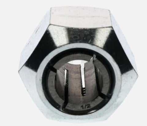 Front view of Half Inch Collet For 5625 Router With Self Releasing Lock Nut Assembly eight segment design.