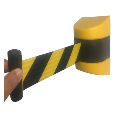 Wall Mounted Retractable Safety Barrier With Heavy Duty Black Yellow Isolation Cord For High Traffic Areas Featuring Rock Solid Stands And Easy Glide Reel For Hassle Free Line Sorting