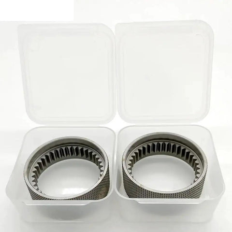 Top Shelf Replacement Feedwheel For Ita20 Battery Plastic Strapping Tools in clear storage containers, durable metallic design.