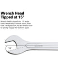 Ultra Thin Open End Wrench For Tight Clearance SAE One Half Inch By Nine Sixteenths Inch, Fifteen Degree Angled Head