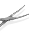 Close-up of curved hemostat from Two Pack 5 Inch Stainless Steel Fishing Forceps Set With Curved And Straight Hemostats, Serrated Jaws