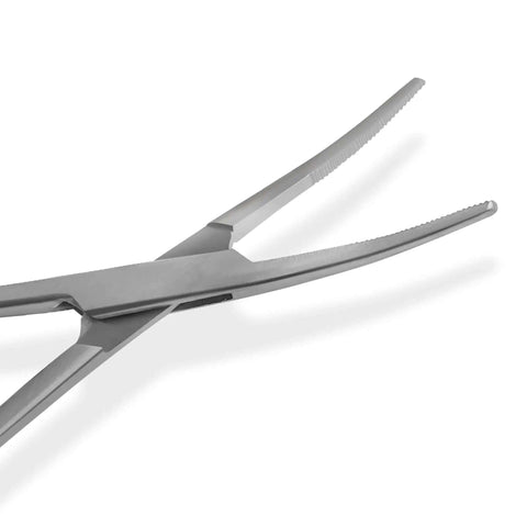 Close-up of curved hemostat from Two Pack 5 Inch Stainless Steel Fishing Forceps Set With Curved And Straight Hemostats, Serrated Jaws