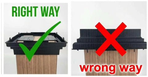 Correct installation of Brown 4x4 Pyramid Post Cap For Outdoor Fences And Decks alongside incorrect installation example.
