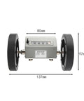 Dead Reliable Mechanical Length Counter With Double Rolling Wheels For Tight Yard Meter Tracking Robust Stainless Steel Frame Easy Reset Button No Fuss Tracking Gauge side view with measuring dimensions.