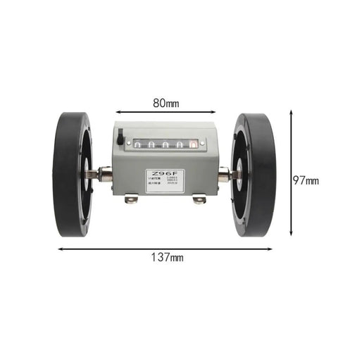 Dead Reliable Mechanical Length Counter With Double Rolling Wheels For Tight Yard Meter Tracking Robust Stainless Steel Frame Easy Reset Button No Fuss Tracking Gauge side view with measuring dimensions.