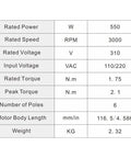Technical specifications of Beefy 550W Brushless DC Motor With Driver, 110-130V DC Input, 3000 RPM, 1.75 N.m Torque, 80mm Flange.