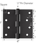 Four Inch Matte Black Interior Door Hinges Value Pack With Three Heavy Duty Leaves Pre Lubricated For Dead Silent Swing and dimensions diagram.