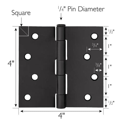 Four Inch Matte Black Interior Door Hinges Value Pack With Three Heavy Duty Leaves Pre Lubricated For Dead Silent Swing and dimensions diagram.
