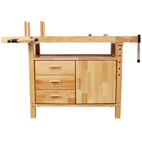 Front view of Beefy 50 Inch Rubber Wood Workbench with 450 lb capacity, 3 drawers, 1 cabinet, open shelf, heavy duty design