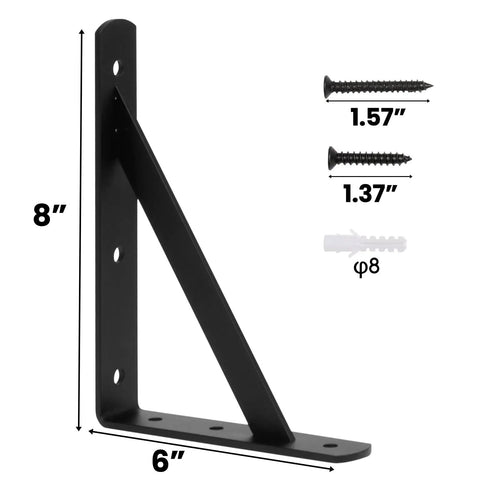 10 Pack Heavy Duty Shelf Brackets Black Steel 8 Inch Long By 6 Inch High L Shaped 90 Degree Wall Mount Corner Brackets For Floating Shelves With Screws Rock Solid Triangle Design Supports Up To 1200 Lbs Per Pair with screws