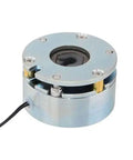 DC electromagnetic brake, 24V, 2.0Nm torque, round metal housing with black wiring lead (front view)