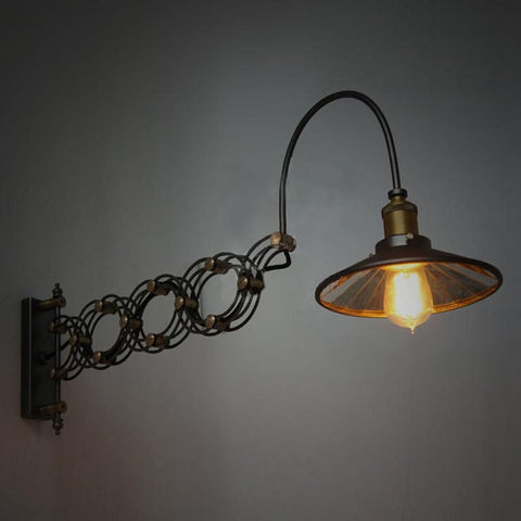 Industrial Look Scissor Arm Extendable Accordion Wall Sconces In Antique Black For Loft Style Iron Art Decor, lit bulb