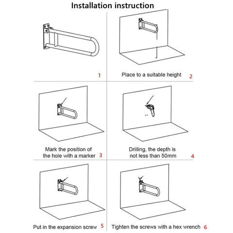 Installation steps for 23.6 Inch Foldable Handrail Grab Bar Wall Mounted Toilet Safety Support For Handicap