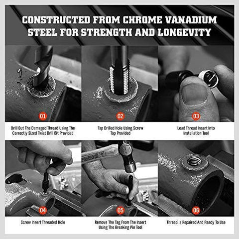 Steps for using 50 Piece Stainless Steel Helicoil Thread Repair Kit Set For Aluminum And Low Strength Materials M2.5 X 2D Inserts