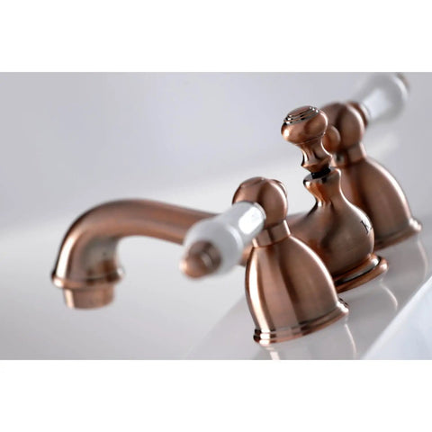 Restoration Mini Widespread Lavatory Faucet With Porcelain Lever Polished Chrome Solid Brass Construction Ceramic Disc Cartridge