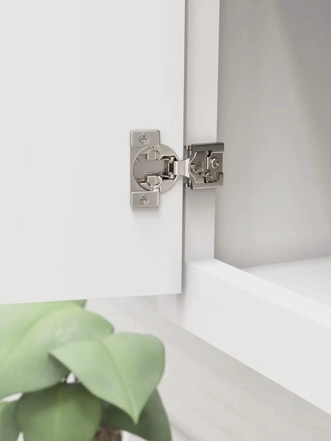 One Pair Half Inch Overlay Self Closing Compact Concealed Cabinet Hinge With Face Frame Mounting on white cabinet door.