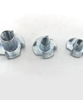 50 Piece Zinc Steel T Nuts Set With Four Jaw Tee Prong Serrated Thread Inserts displayed in various sizes on a white background