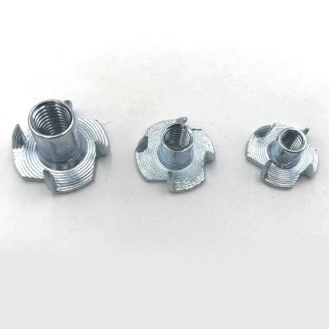 50 Piece Zinc Steel T Nuts Set With Four Jaw Tee Prong Serrated Thread Inserts displayed in various sizes on a white background