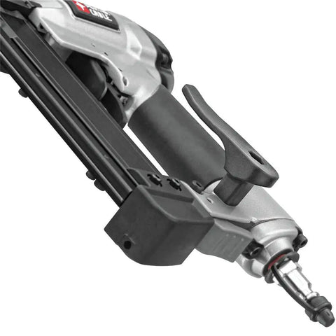 Close-up of the Finish Nailer from the Dead Simple Six Gallon Pancake Air Compressor Bundled With Three Pro Nail Guns.