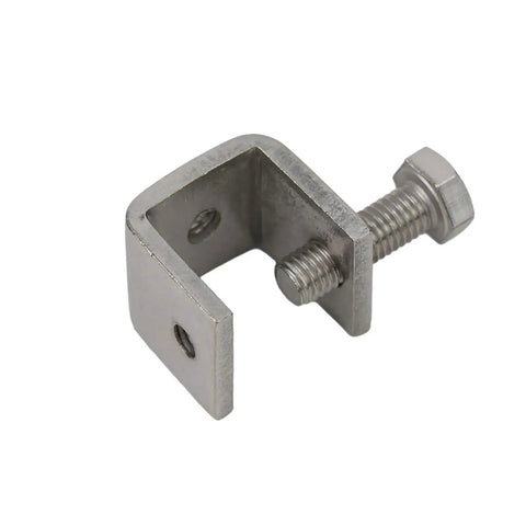 Close-up of Four Pack C Clamp Desk Lamp Mount Clips Table Mount Brackets for Attaching Lamps and U Shaped Clips, silver metal, space saving