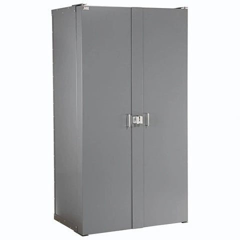 Built Tough Heavy Duty Storage Cabinet With 132 Red Plastic Parts Organizer Bins, Lockable Front Doors, tall steel cabinet for garage.