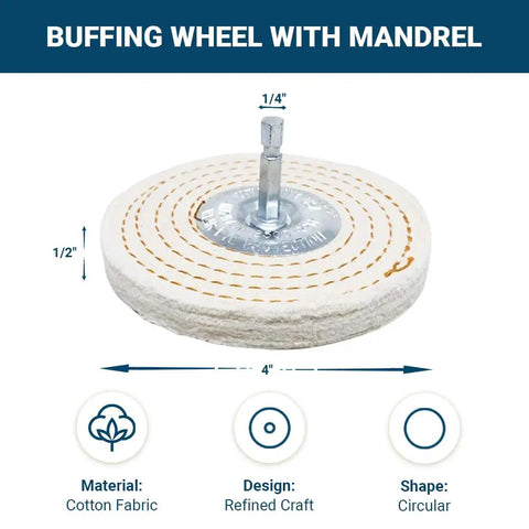 Shop Ready 4 Inch Cotton Spiral Buffing Wheel For Bench Grinder With Quarter Inch Mandrel showing circular cotton wheel design.