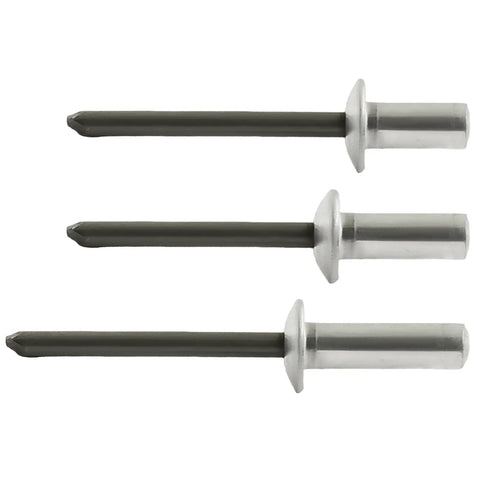 Three dome head rivets from Aluminum Pop Rivet Kit 120Pcs With Steel Mandrel Dome Head Rivets 3/16 Inch Diameter In 10mm 12mm And 16mm Lengths