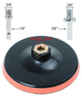 Sanding disc backing plate with 3/8 inch and 1/4 inch drill attachments, part of the 80 Pack 5 Inch Sanding Discs Kit With Pro Grade 8 Hole Sander For Drill Polishing Pad Hook And Loop Plate Grit 60 80 120 180 240 400 600 800 For Wood Metal Auto DIY Projects.