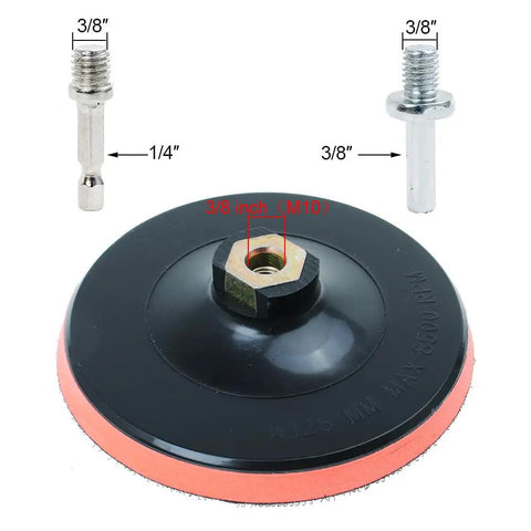 Sanding disc backing plate with 3/8 inch and 1/4 inch drill attachments, part of the 80 Pack 5 Inch Sanding Discs Kit With Pro Grade 8 Hole Sander For Drill Polishing Pad Hook And Loop Plate Grit 60 80 120 180 240 400 600 800 For Wood Metal Auto DIY Projects.