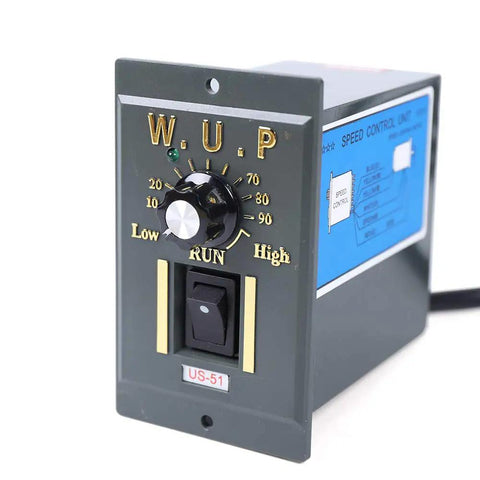 AC speed control unit for gear reduction motor, features adjustable dial and power switch, suitable for manufacturing use.