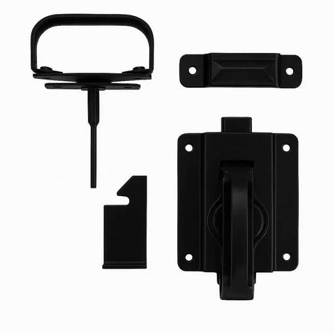 Heavy Duty Swinging Door Latch For Interior And Exterior Use With WeatherGuard Protection in black, components view