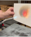 Ceramic fiber paper sheet, 11" x 12", 1/8" thick, beige insulation gasket/liner held by hand