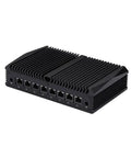 Badass Fanless Mini PC Barebone Loading Intel Core I7-10510U With Eight Dope 2.5G Lan Ports, black aluminum case with cooling fins.
