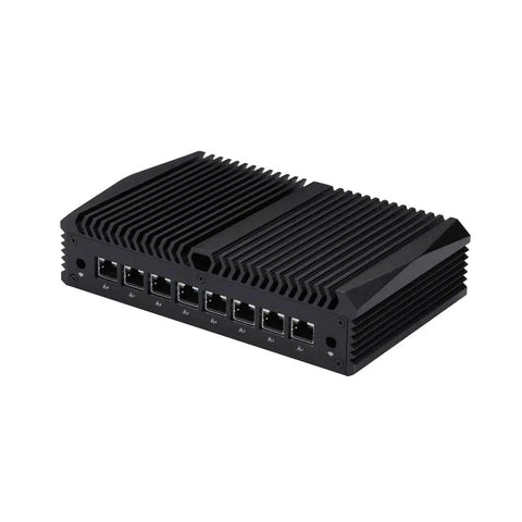Badass Fanless Mini PC Barebone Loading Intel Core I7-10510U With Eight Dope 2.5G Lan Ports, black aluminum case with cooling fins.